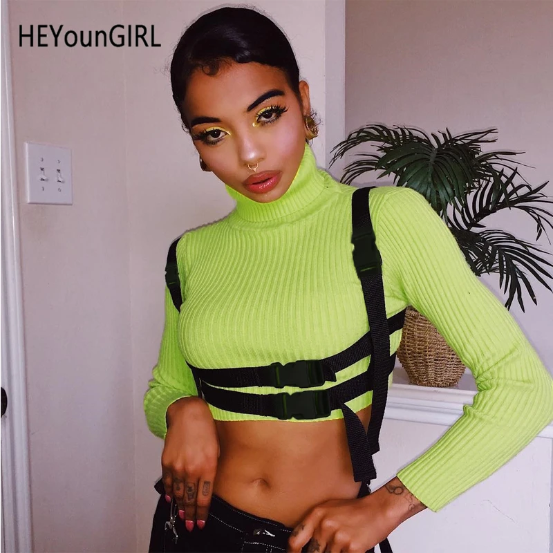 

HEYounGIRL Turtle Neck Neon Green T-shirt Women Patchwork Belt Long Sleeve Tops Tees Harajuku Punk Crop Tee Shirt Femme Autumn