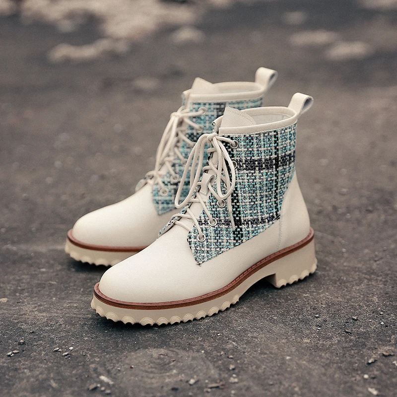 

Plus size 34-42 women's genuine leather fabric patchwork lace-up flats ankle boots leisure punk short martin boots autumn shoes