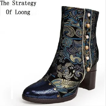 

Women Spring Autumn Winter China Style Retro Genuine Leather Ankle Boots Lady Totem Rivet Sewing Flowers Short Boots 191010