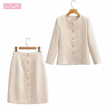 

Women's Small Fragrance Round Neck Long Sleeve Pearl Button Chic Jacket Korean Style Fashion Simple High Waist Female Skirt Suit