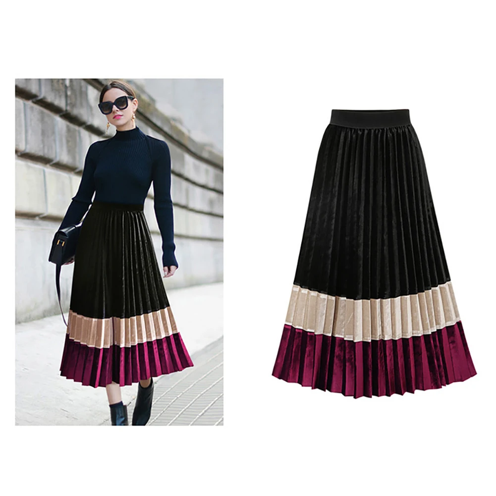 Лето-осень в стиле пэчворк женские юбки в стиле casual Высокая талия юбка элегантные эластичные Colorblock(цветовой блок), плиссированные эластичная юбка-трапеция