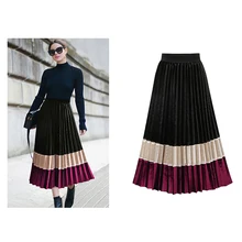 Лето-осень в стиле пэчворк женские юбки в стиле casual Высокая талия юбка элегантные эластичные Colorblock(цветовой блок), плиссированные эластичная юбка-трапеция