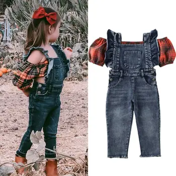 

Fashion Kids Baby Girl Clothes Sets 1-6Y Plaid Print Balloon Sleeve Vest Crop Top Denim Suspender Pants Outfit