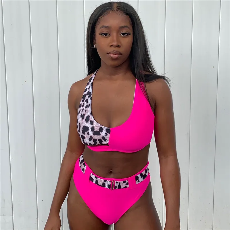 

Neon Pink Bikini 2019 Leopard Print Patchwork Belt High Waist Swimsuit Metal Button Swimwear Women Sexy Hollow Out Bathing Suit