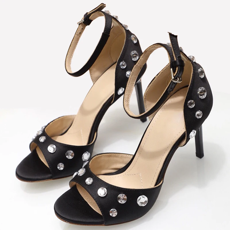 

Topwomen 2019 High Quality Black Rhinestone Crystal Sandals for Women Thin Heel Sandals35-39
