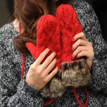 

VIIANLES Lady Fur Mittens With Long Rope Women Winter Layer Thick Cashmere Mittens Wool Adult Warm Knit Twist Full Finger Gloves