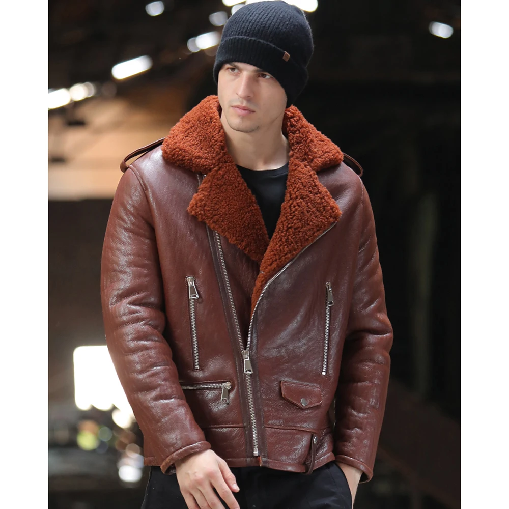Classic Business Suit Style Genuine Sheepskin Leather Jacket Shearling Fur Clothing Brown Blue Real Natural Fur Jacket