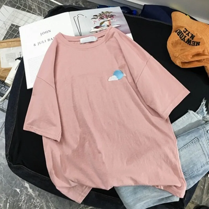 Pink Harajuku, женские футболки, футболка для пары, Женская Хип-хоп свободная футболка для девушек, Студенческая уличная одежда, ulzzang ins, вышивка, хлопок, размер - Цвет: Pink