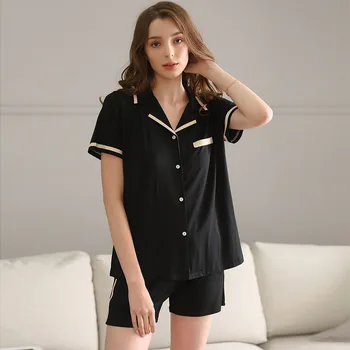 

Modal Pajamas Female Summer Short-sleeved Contrast Color Japanese Home Service Casual Cardigan Women's Suit Pizama Damska Sexy