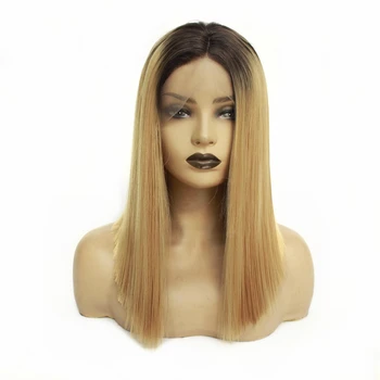 

Ombre Blonde Color Short Bob Lace Front Wig T1b/27# Glueless Dark Root Synthetic Lace Front Wigs Straight Hair For Women