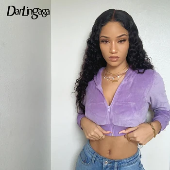 

Darlingaga Casual Zip-Up Velour Cropped Hoodies Women Solid High Waisted Long Sleeve Autumn Winter Hoodie Jacket Coat Streetwear