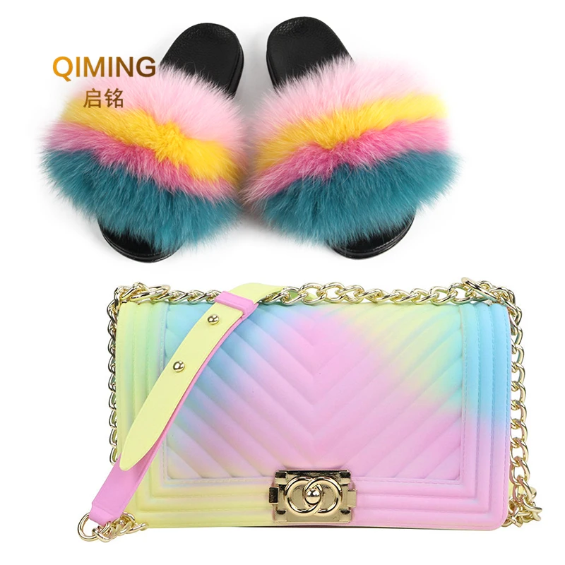 

Multicolor Fur Slippers Rainbow Sandals Slides Set With Matte Colorful Jelly Purse Bags Match Sets