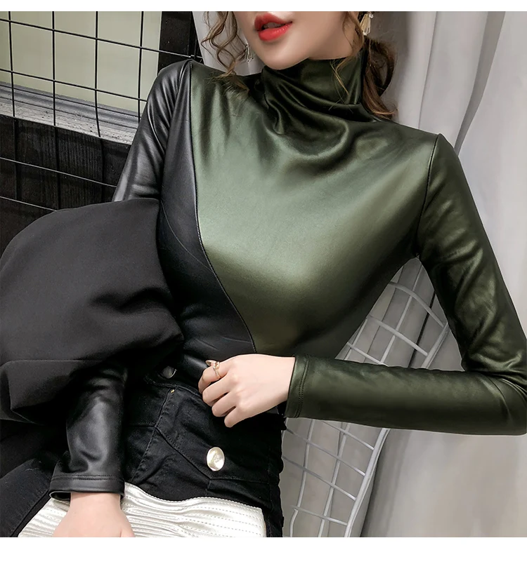 Autumn Plus size women blouse fashion patchwork colors turtleneck pullovers bottoming shirt velvet soft PU leather blouses tops satin shirts for women