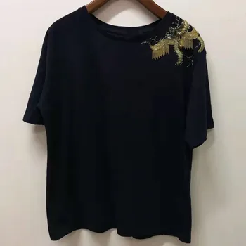 

Women T-shirt One Shoulder Round Neck Embroidered T-shirt