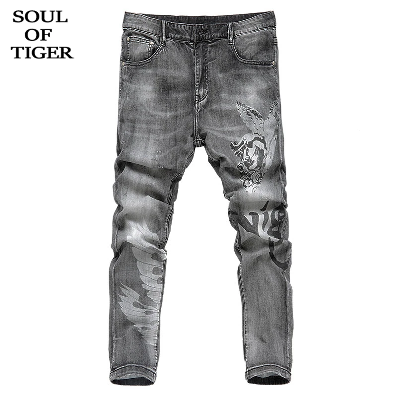 SOUL OF TIGER 2019 корейские брендовые модные стильные осенние джинсовые брюки мужские черные джинсы с принтом винтажные повседневные узкие брюки