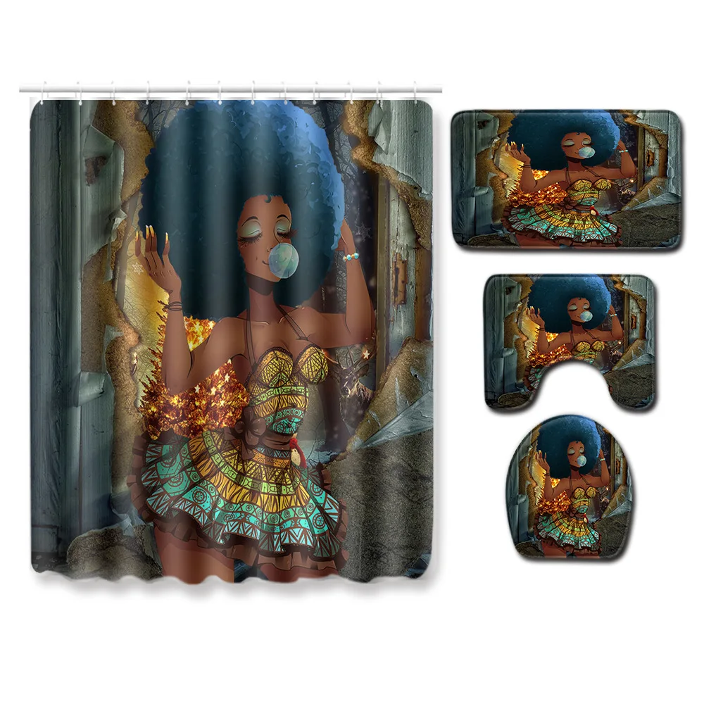 Christmas Series African Woman Pattern Shower Curtain and Bath Mat Set Waterproof Polyester Shower Curtain for Bathroom Shower - Цвет: PJ19830-A001