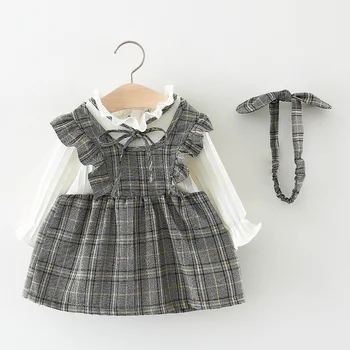 

2020 toddler dress baby girl long sleeve dress spring princess costume plaid gray dresses kids girls fashion party dress elegant