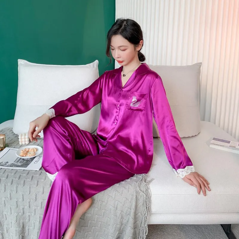 

Purple Women Pajamas Sets 2PCS Rayon Lace Pyjamas Suit Sexy Cardigan Sleepwear Long Nightwear Spring New Lingerie Home Clothes
