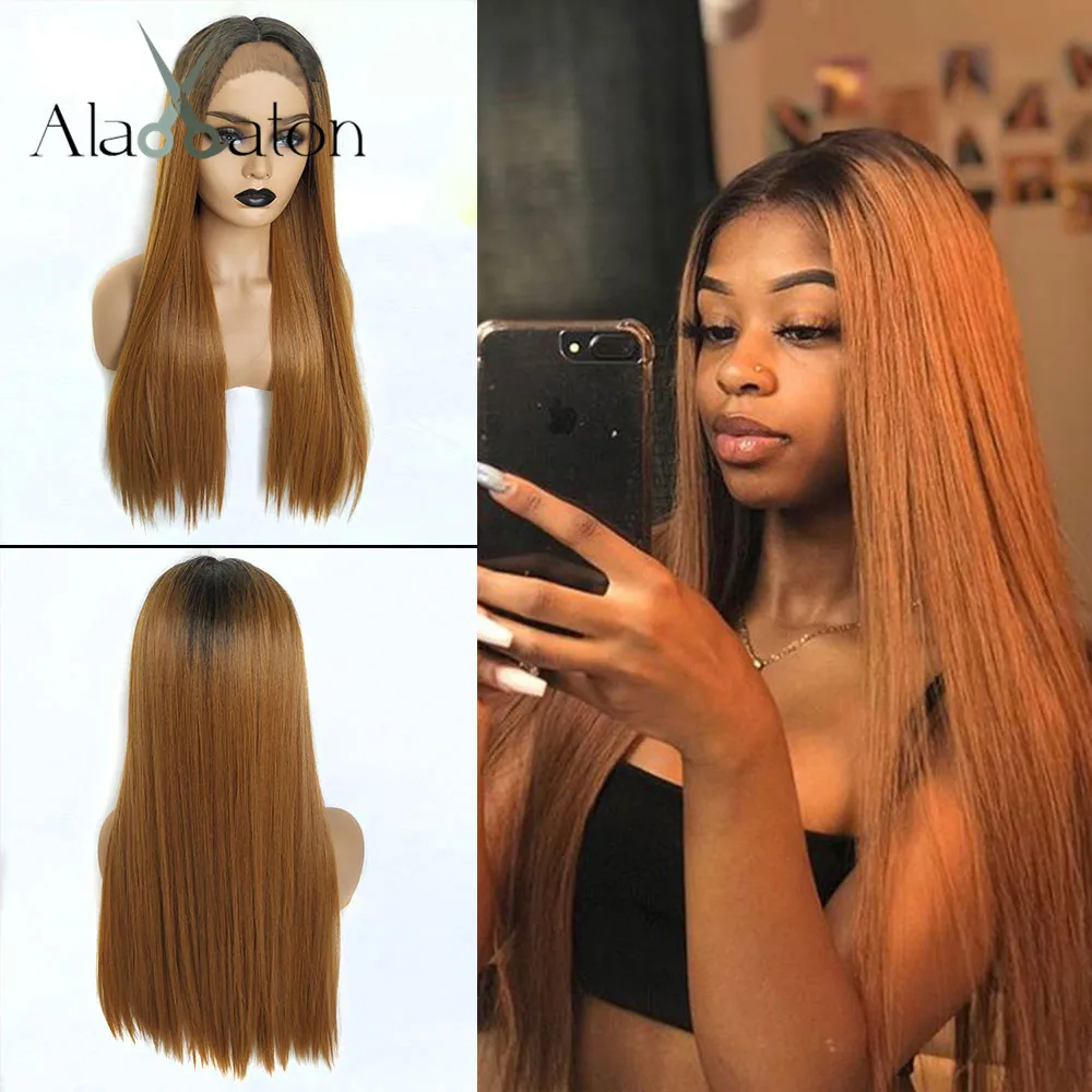 

ALAN EATON Ombre Black Orange Brown High Density Synthetic Wig Lace Front Wig for Black Women Long Straight Middle Part Lace Wig