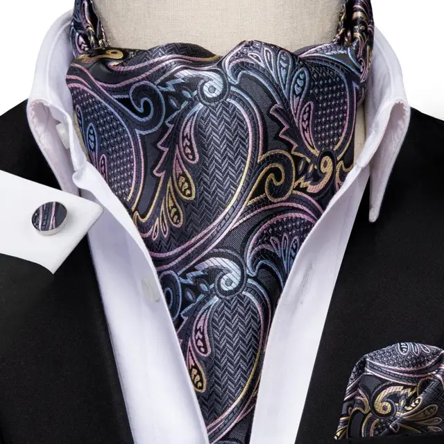 Hi-Tie Silk Men's Ascot Tie Pocket Square Cufflinks Set Cravat Ascots Scrunch Self British Style Gentleman Dress Scarves Party AS-1004