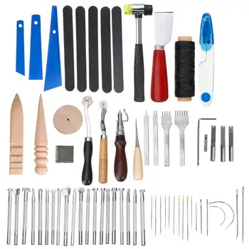

66pcs Leather Craft Tool Sets Hand Sewing Tool Kit Stitching Punch Carving Work Saddle Tool Professional Leathercraft