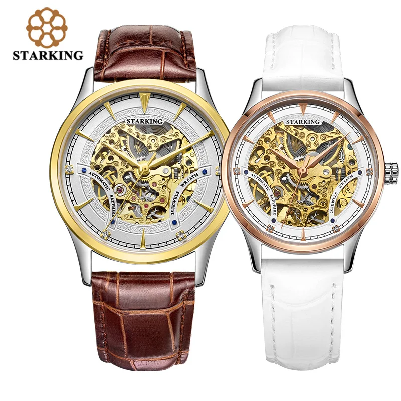 Brown White watches STARKING автоматические самовзводные часы для влюбленных, нержавеющая сталь, натуральная кожа, механические наручные часы с скелетом, relogios masculinos - Цвет: Brown White watches