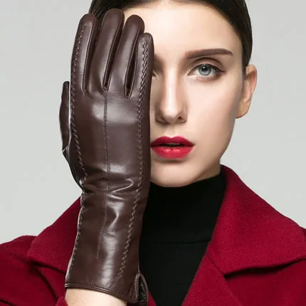 brown Touch Screen Новые модные брендовые женские перчатки из натуральной кожи, женские перчатки из натуральной овчины, теплые варежки, женские зимние перчатки из кожи - Цвет: brown Touch Screen