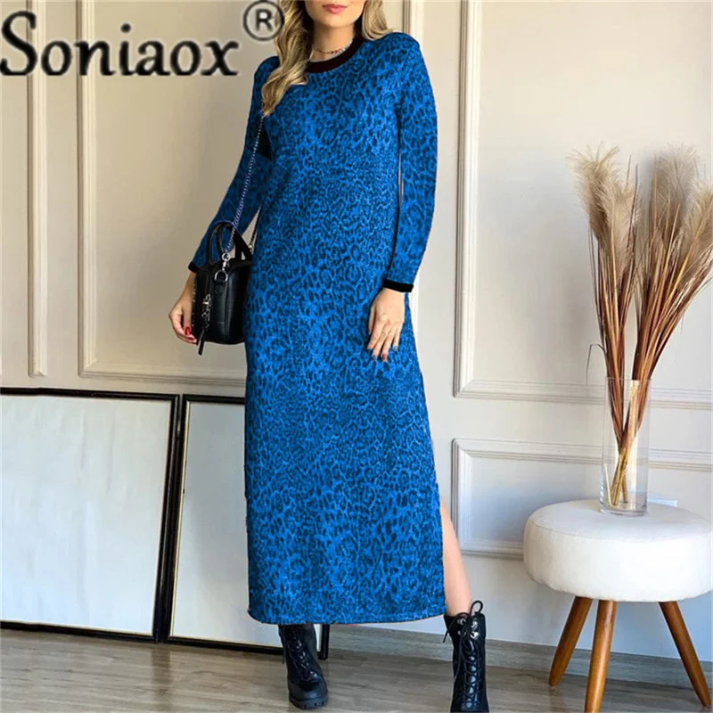 

New Arrival Lady Leopard Print Long Sleeve O-Neck Split Dress For Autumn 2021 Women Fashion Printed Irregular Maxi Dress Female