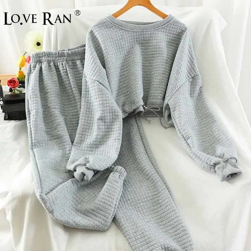 

Women's Autumn Waffle 2 Pieces Sports Set Drawstring Crop Tops Sweatshirt High Waist Harem Ankel-length Pants Female Sweatsuit