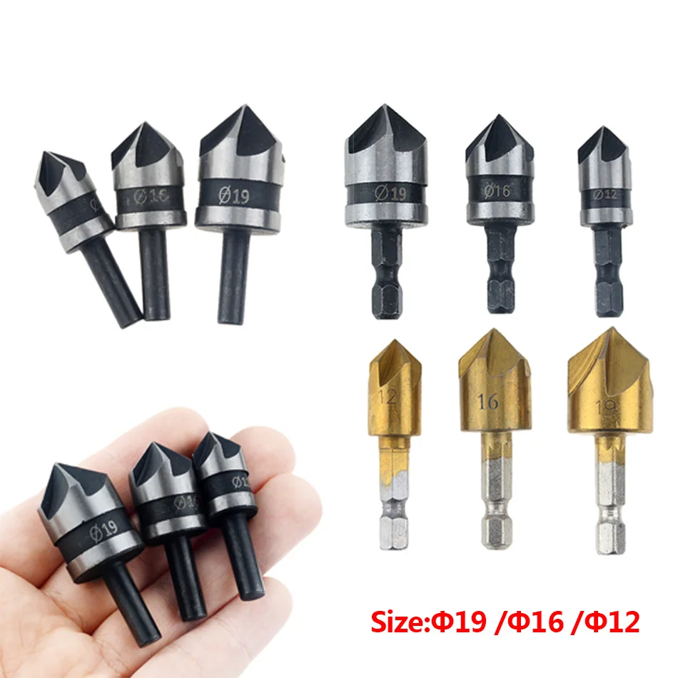 

3Pc 90° Hex shank Sharp Chamferer Φ12mm 16mm 19mm Titanium Chamfering Cutter Black Counterbore Drill Woodworking hole opener Bit