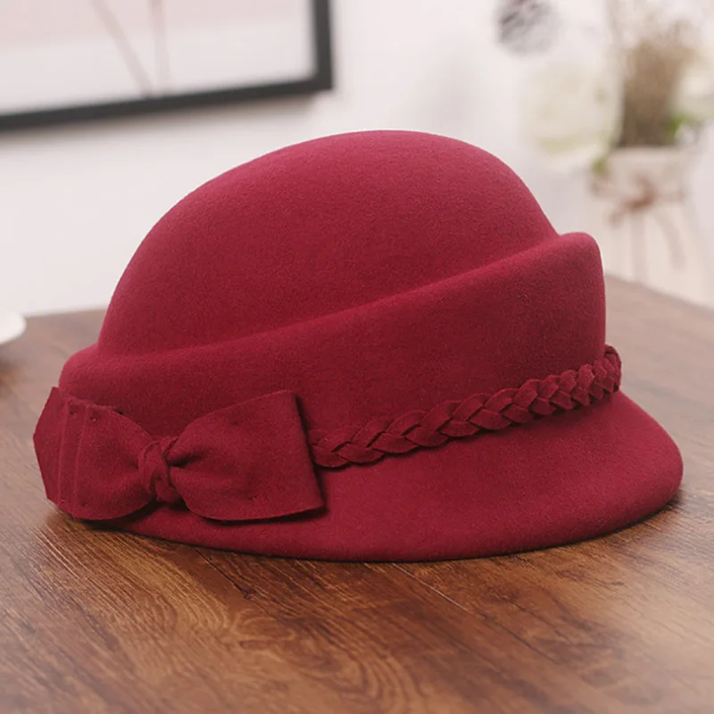 MAERSHEI винтажная черная шерстяная шляпа с куполом и бантом в виде листьев лотоса, большая шляпа, Женская осенне-зимняя шапка, темпераментная шляпа