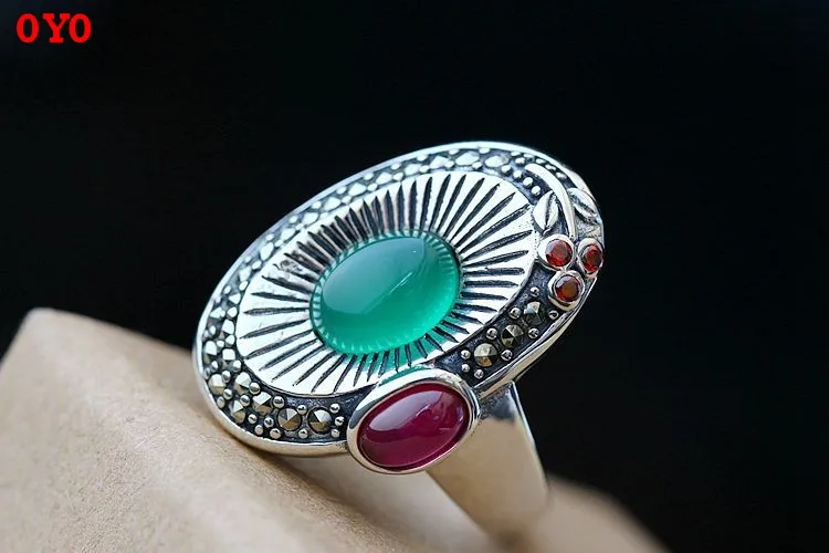 8Ninegift Retro 100% 925 Sterling Silver Rings for Women Round Natural Precious Stones Vintage Thai Silver Ring Jewelry Gifts 