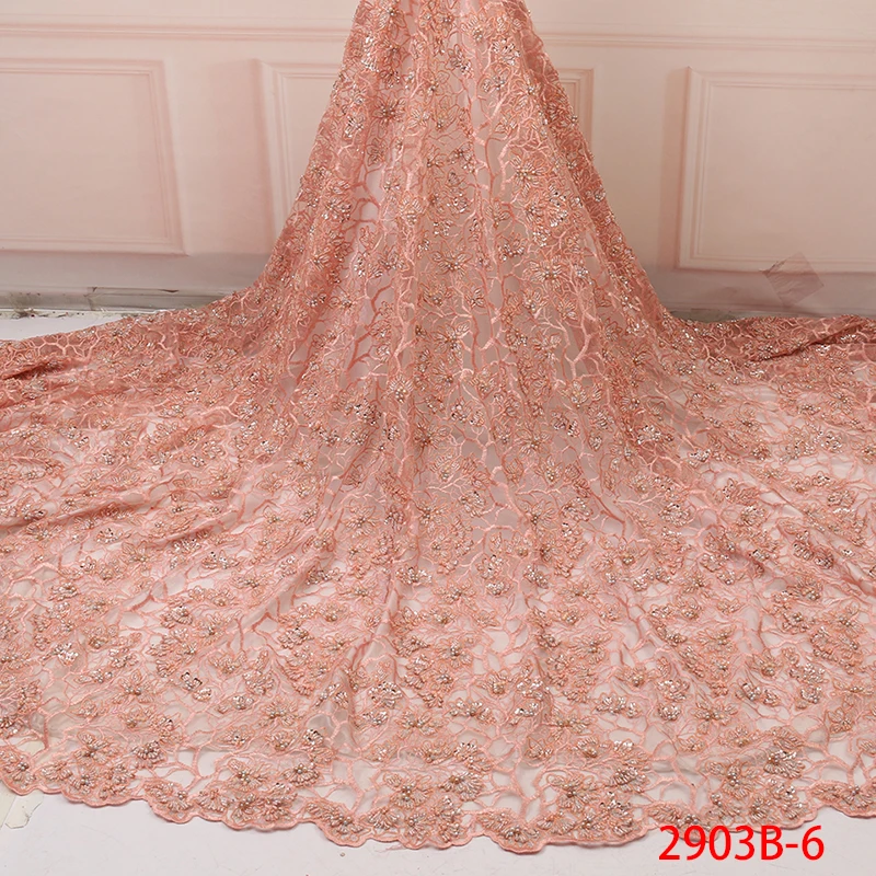 Fashion African Lace Fabric High Quality Lilac Lace Nigerian Lace Fabric 2019 High Quality Lace With Beaded 5yards QF2903B-1