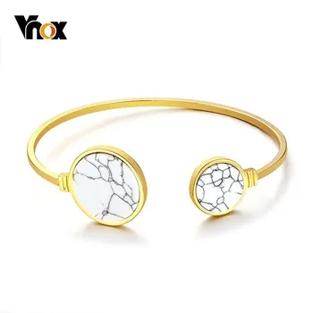 

Vnox Temperament Natural Stone Bangle for Women Open Cuff Bracelets Gold Tone Stainless Steel Female Lady Party Wedding Jewelry