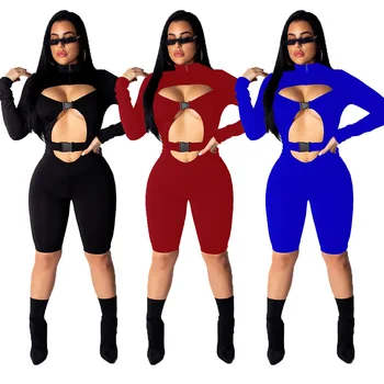 

Buckle Cut Out Front Cycling Solid Womens Playsuit Zipper Mock Neck Long Sleeve Sexy Bandage Women Romper Night Sexy Tracksuit