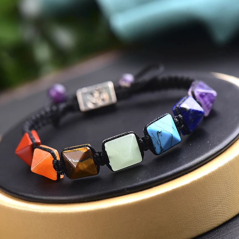 

7 Chakra Bracelet Reiki Natural Pyramid Shaped Stone Woven Women's Bracelet Handmade Rope Adjustable DIY Gift