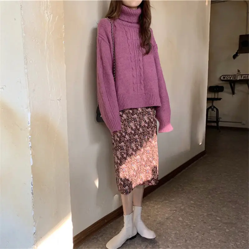 Women Winter Turtleneck Pull Sweaters Warm Vintage Loose Pullover Jumpers Autumn Harajuku Ladies Jumpers Twisted Pull Sweater