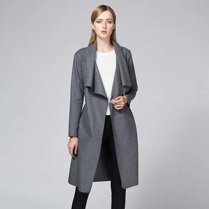 New Fashion Women Casual Turn-down Collar Solid Windbreaker with Belt Asymmetrical Hem Design, Front Open