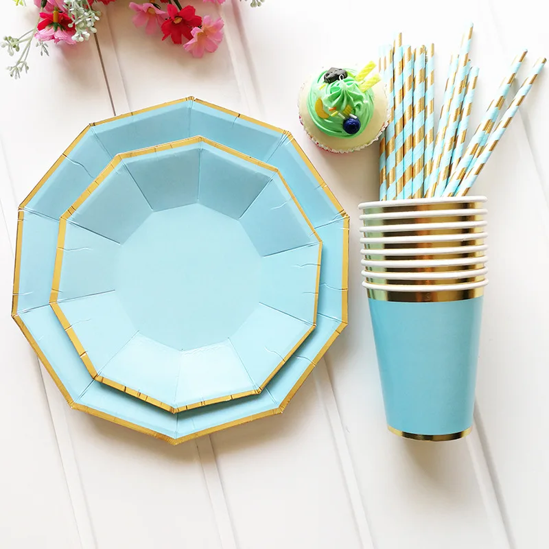 

8 Pcs/set Gold Sheet Disposable Tableware Cups Baby Shower Wedding/Christmas/Party Paper Dishes Party Supplies Plastic Straws