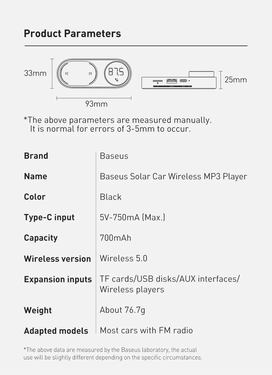 Baseus lecteur de musique MP3 solaire sans fil pour voiture Bluetooth 5.0-14