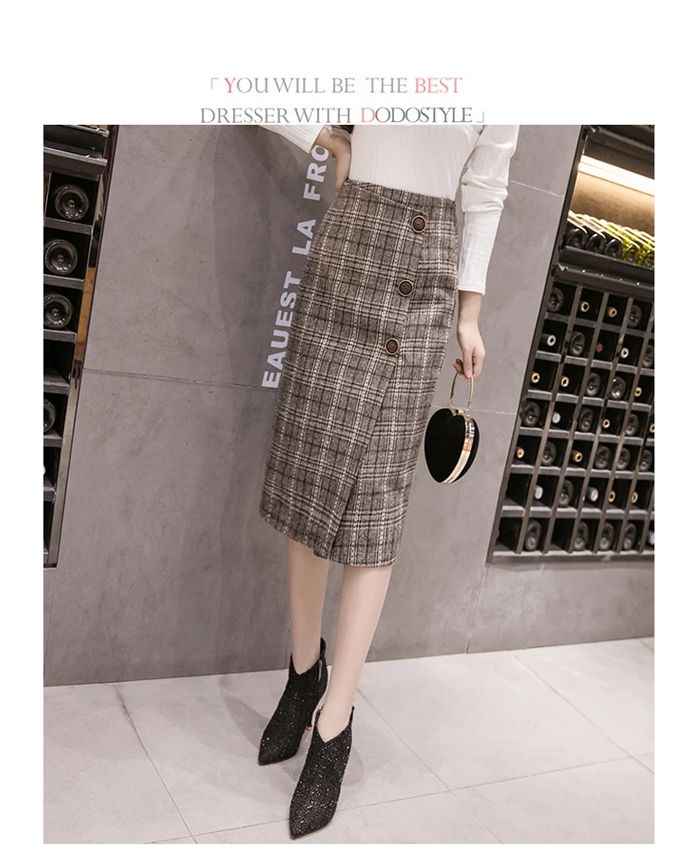 KINOMI Autumn Winter Women's Vintage Woolen Plaid Midi Skirts High Waist Sheath Pencil Knee-Length Wrap Skirts Female New