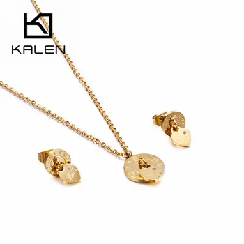 

KALEN Fashion Round Heart Roman Numerals Women Jewelry Sets Gold Color Stainless Steel Chain Necklace & Earrings Sets For Women
