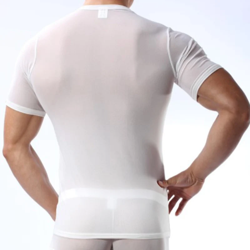 Man Undershirt Ultra-thin Transparent Shorts Sleeve T-shirts Ice Silk Gay Breathable Tops Tee Male Nightwear Sexy Sleepwear