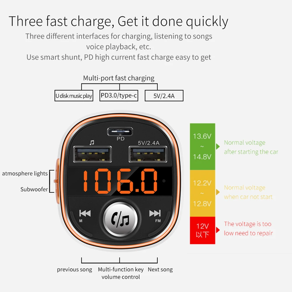 Быстрое зарядное устройство 3,0 TF Автомобильный MP3-плеер для iPhone huawei samsung Dual usb type-C беспроводной Bluetooth 5,0 автомобильное зарядное устройство fm-передатчик