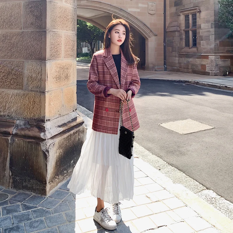 

Spring Clothing Women's 2019 New Style Korean-style Loose-Fit Mid-length Hong Kong Flavor Retro CHIC Plaid Casual Suit Jacket Sp