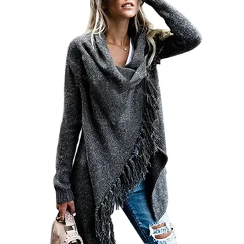 

Autumn Winter Women Irregular Coat Solid Color Long Sleeve Loose Tassel Mid-chng Shawl Sweater