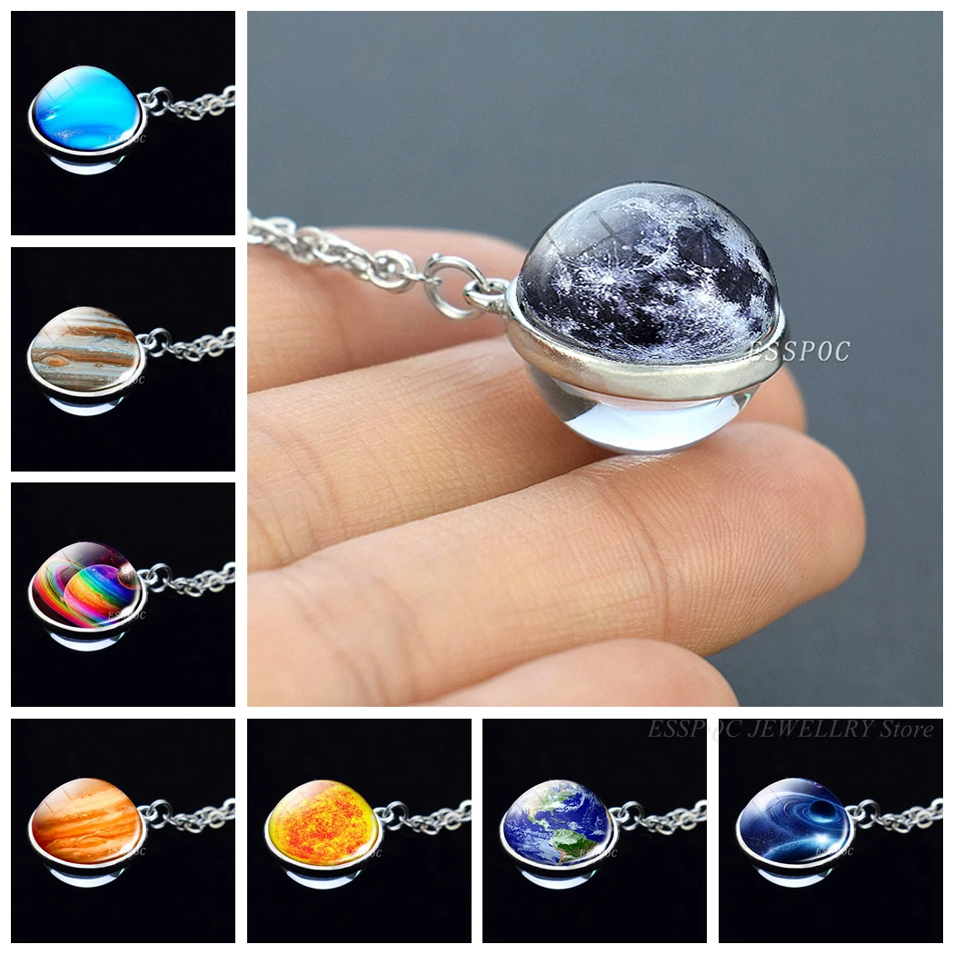 

Full Moon Planet Glass Ball Cabochon Necklace Double Side Glass Pendant Outer Space Galaxy Stars Nebula Jewelry Women Gifts