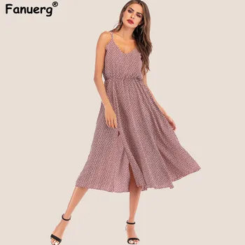 

Fanuerg Ditsy Floral Dress Elegant Sexy Crisscross Backless Summer Dress Women V Neck Spaghetti Strap Sleeveless Midi Dresses
