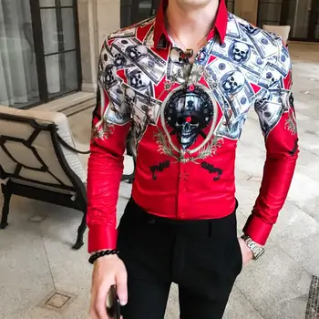 

Fashion Men's shirt Casual Dress Blouse Men clothing Social Shirt for Men Hip hop print Long sleeve Red Black