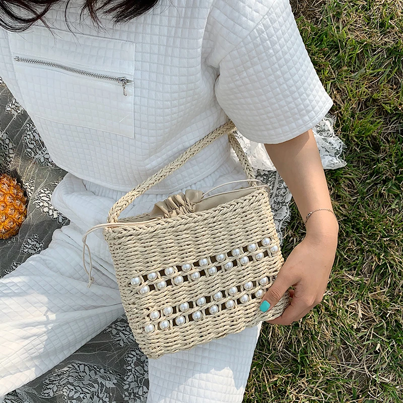 

fashion pearls rattan women shoulder bags wocker woven messenger bag casual summer beach straw bag lady handbags large tote 2020